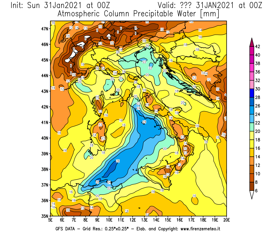 Mappa di analisi GFS - Precipitable Water [mm] in Italia
							del 31/01/2021 00 <!--googleoff: index-->UTC<!--googleon: index-->