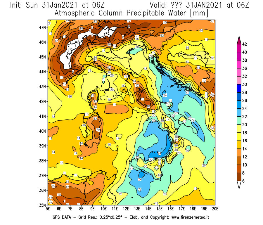 Mappa di analisi GFS - Precipitable Water [mm] in Italia
									del 31/01/2021 06 <!--googleoff: index-->UTC<!--googleon: index-->