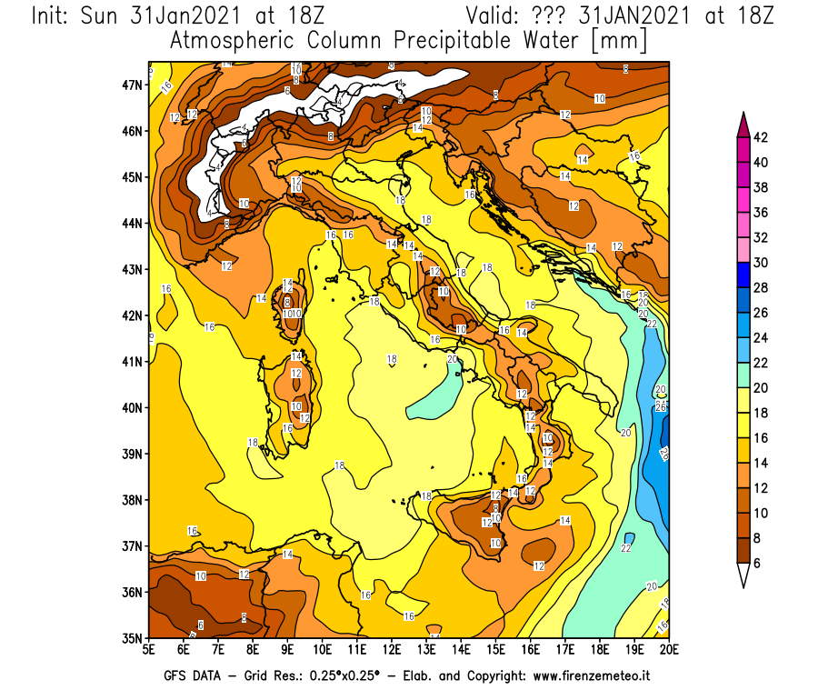 Mappa di analisi GFS - Precipitable Water [mm] in Italia
									del 31/01/2021 18 <!--googleoff: index-->UTC<!--googleon: index-->