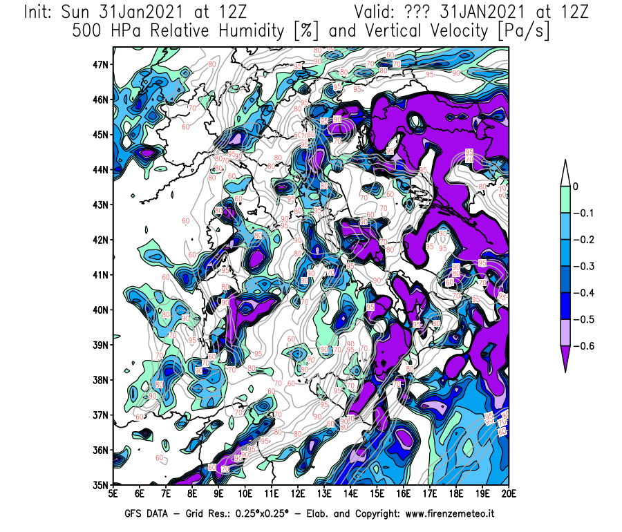 Mappa di analisi GFS - Umidità relativa [%] e Omega [Pa/s] a 500 hPa in Italia
									del 31/01/2021 12 <!--googleoff: index-->UTC<!--googleon: index-->