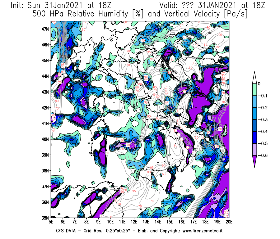 Mappa di analisi GFS - Umidità relativa [%] e Omega [Pa/s] a 500 hPa in Italia
							del 31/01/2021 18 <!--googleoff: index-->UTC<!--googleon: index-->