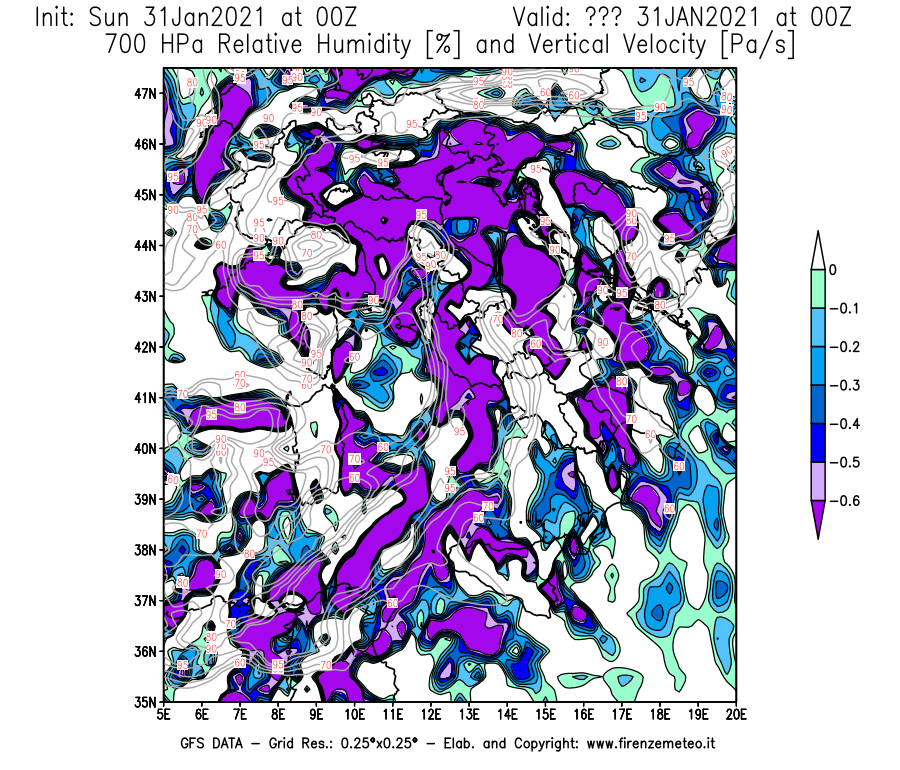 Mappa di analisi GFS - Umidità relativa [%] e Omega [Pa/s] a 700 hPa in Italia
									del 31/01/2021 00 <!--googleoff: index-->UTC<!--googleon: index-->