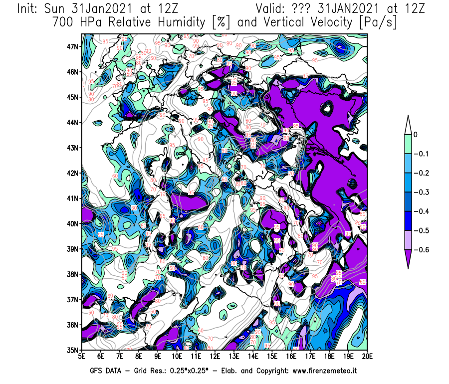 Mappa di analisi GFS - Umidità relativa [%] e Omega [Pa/s] a 700 hPa in Italia
									del 31/01/2021 12 <!--googleoff: index-->UTC<!--googleon: index-->
