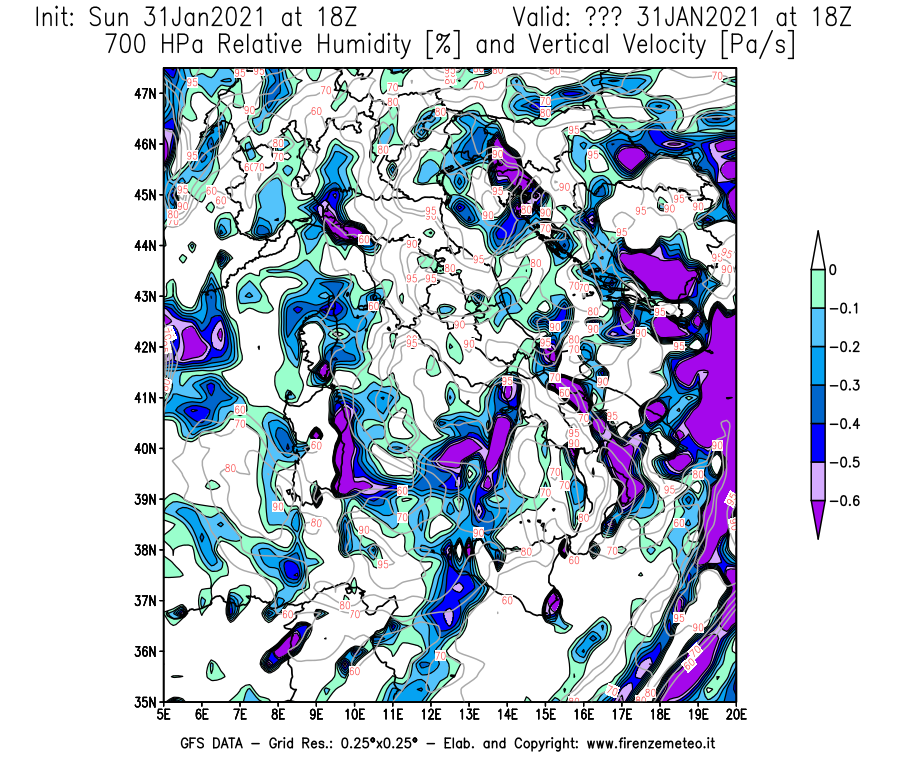 Mappa di analisi GFS - Umidità relativa [%] e Omega [Pa/s] a 700 hPa in Italia
									del 31/01/2021 18 <!--googleoff: index-->UTC<!--googleon: index-->
