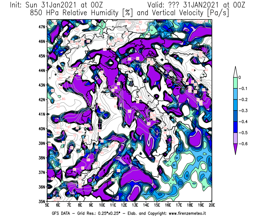 Mappa di analisi GFS - Umidità relativa [%] e Omega [Pa/s] a 850 hPa in Italia
									del 31/01/2021 00 <!--googleoff: index-->UTC<!--googleon: index-->
