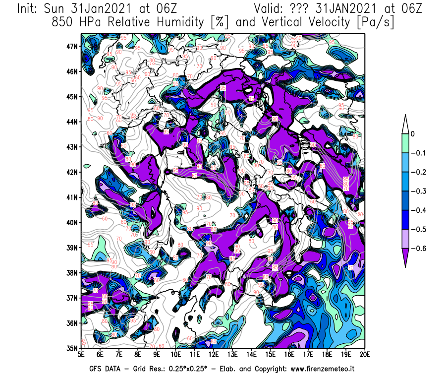 Mappa di analisi GFS - Umidità relativa [%] e Omega [Pa/s] a 850 hPa in Italia
							del 31/01/2021 06 <!--googleoff: index-->UTC<!--googleon: index-->