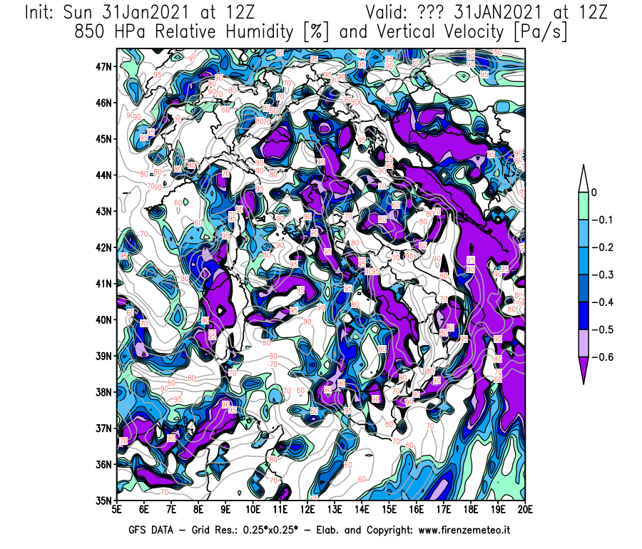 Mappa di analisi GFS - Umidità relativa [%] e Omega [Pa/s] a 850 hPa in Italia
							del 31/01/2021 12 <!--googleoff: index-->UTC<!--googleon: index-->