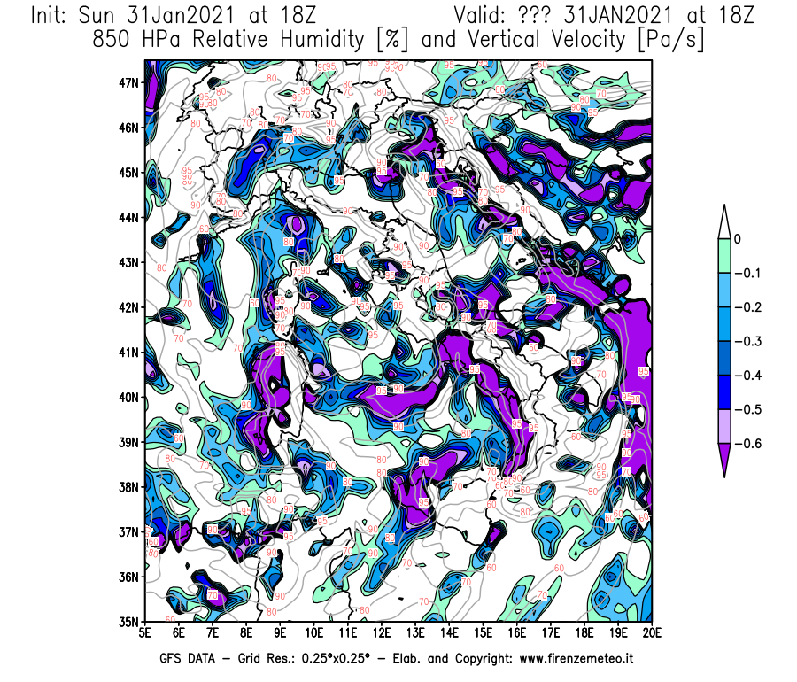 Mappa di analisi GFS - Umidità relativa [%] e Omega [Pa/s] a 850 hPa in Italia
									del 31/01/2021 18 <!--googleoff: index-->UTC<!--googleon: index-->