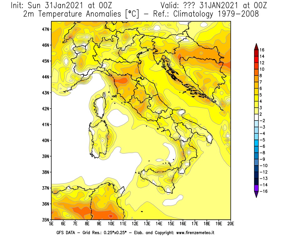 Mappa di analisi GFS - Anomalia Temperatura [°C] a 2 m in Italia
									del 31/01/2021 00 <!--googleoff: index-->UTC<!--googleon: index-->