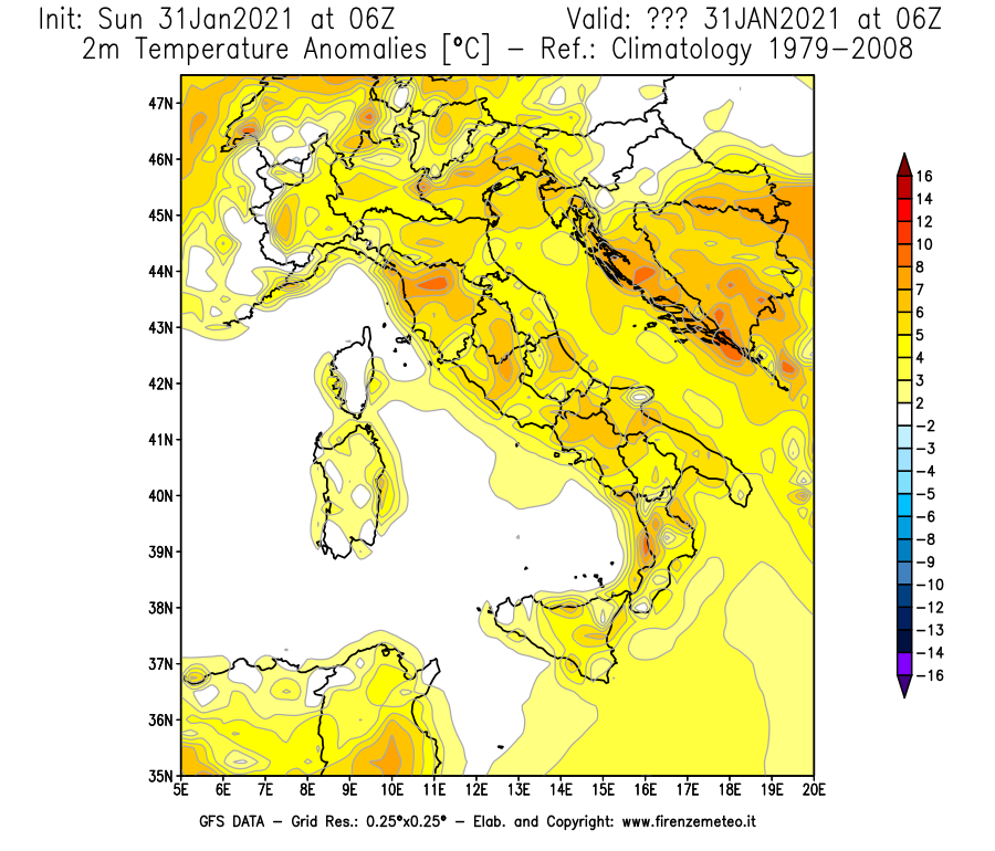 Mappa di analisi GFS - Anomalia Temperatura [°C] a 2 m in Italia
							del 31/01/2021 06 <!--googleoff: index-->UTC<!--googleon: index-->