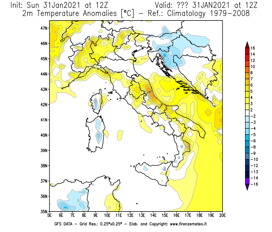 Mappa di analisi GFS - Anomalia Temperatura [°C] a 2 m in Italia
							del 31/01/2021 12 <!--googleoff: index-->UTC<!--googleon: index-->