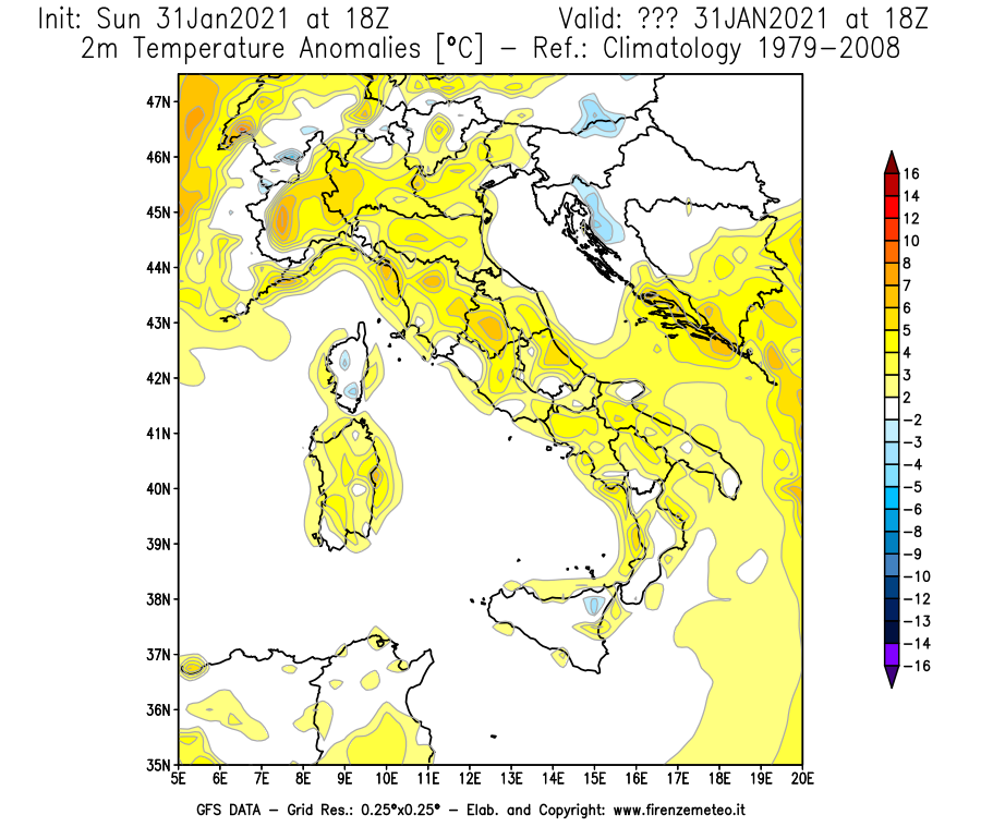 Mappa di analisi GFS - Anomalia Temperatura [°C] a 2 m in Italia
							del 31/01/2021 18 <!--googleoff: index-->UTC<!--googleon: index-->