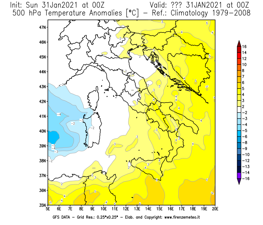 Mappa di analisi GFS - Anomalia Temperatura [°C] a 500 hPa in Italia
									del 31/01/2021 00 <!--googleoff: index-->UTC<!--googleon: index-->