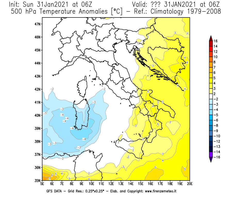Mappa di analisi GFS - Anomalia Temperatura [°C] a 500 hPa in Italia
									del 31/01/2021 06 <!--googleoff: index-->UTC<!--googleon: index-->