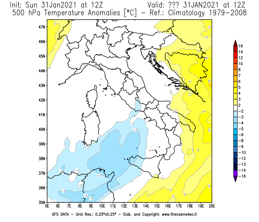 Mappa di analisi GFS - Anomalia Temperatura [°C] a 500 hPa in Italia
									del 31/01/2021 12 <!--googleoff: index-->UTC<!--googleon: index-->