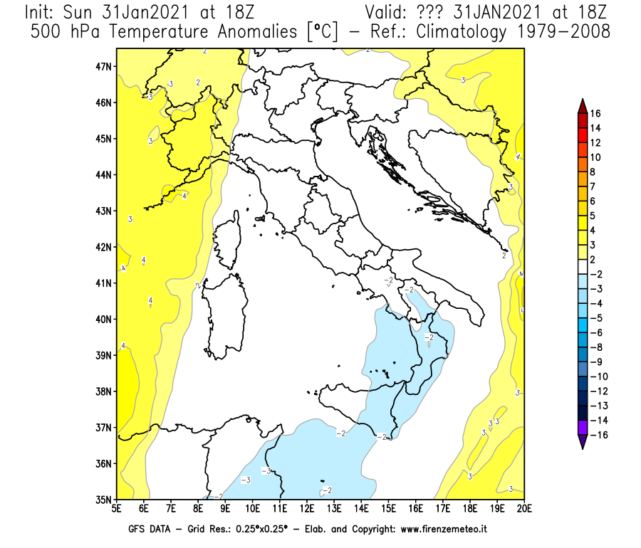 Mappa di analisi GFS - Anomalia Temperatura [°C] a 500 hPa in Italia
							del 31/01/2021 18 <!--googleoff: index-->UTC<!--googleon: index-->