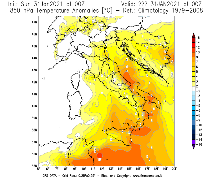 Mappa di analisi GFS - Anomalia Temperatura [°C] a 850 hPa in Italia
									del 31/01/2021 00 <!--googleoff: index-->UTC<!--googleon: index-->