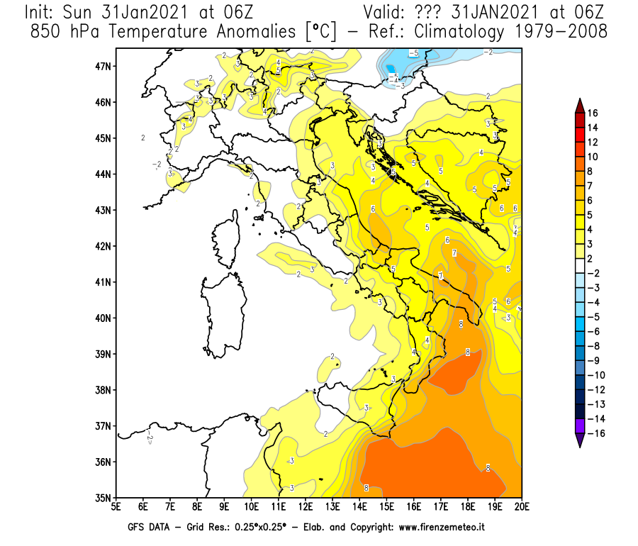 Mappa di analisi GFS - Anomalia Temperatura [°C] a 850 hPa in Italia
									del 31/01/2021 06 <!--googleoff: index-->UTC<!--googleon: index-->