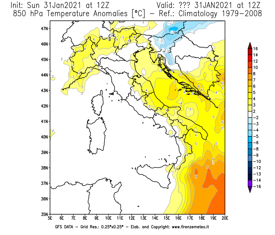 Mappa di analisi GFS - Anomalia Temperatura [°C] a 850 hPa in Italia
							del 31/01/2021 12 <!--googleoff: index-->UTC<!--googleon: index-->