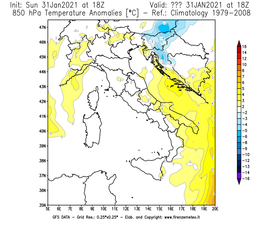 Mappa di analisi GFS - Anomalia Temperatura [°C] a 850 hPa in Italia
									del 31/01/2021 18 <!--googleoff: index-->UTC<!--googleon: index-->