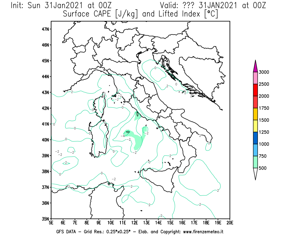 Mappa di analisi GFS - CAPE [J/kg] e Lifted Index [°C] in Italia
									del 31/01/2021 00 <!--googleoff: index-->UTC<!--googleon: index-->