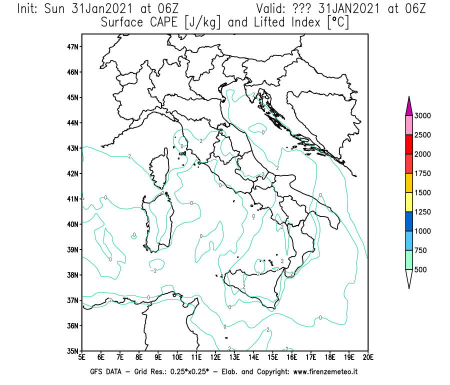 Mappa di analisi GFS - CAPE [J/kg] e Lifted Index [°C] in Italia
									del 31/01/2021 06 <!--googleoff: index-->UTC<!--googleon: index-->