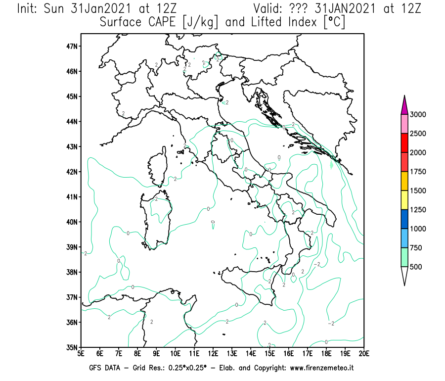 Mappa di analisi GFS - CAPE [J/kg] e Lifted Index [°C] in Italia
							del 31/01/2021 12 <!--googleoff: index-->UTC<!--googleon: index-->