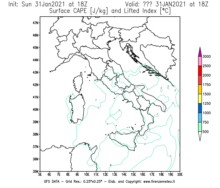 Mappa di analisi GFS - CAPE [J/kg] e Lifted Index [°C] in Italia
									del 31/01/2021 18 <!--googleoff: index-->UTC<!--googleon: index-->