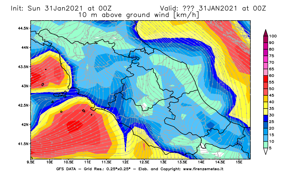Mappa di analisi GFS - Velocità del vento a 10 metri dal suolo [km/h] in Centro-Italia
							del 31/01/2021 00 <!--googleoff: index-->UTC<!--googleon: index-->