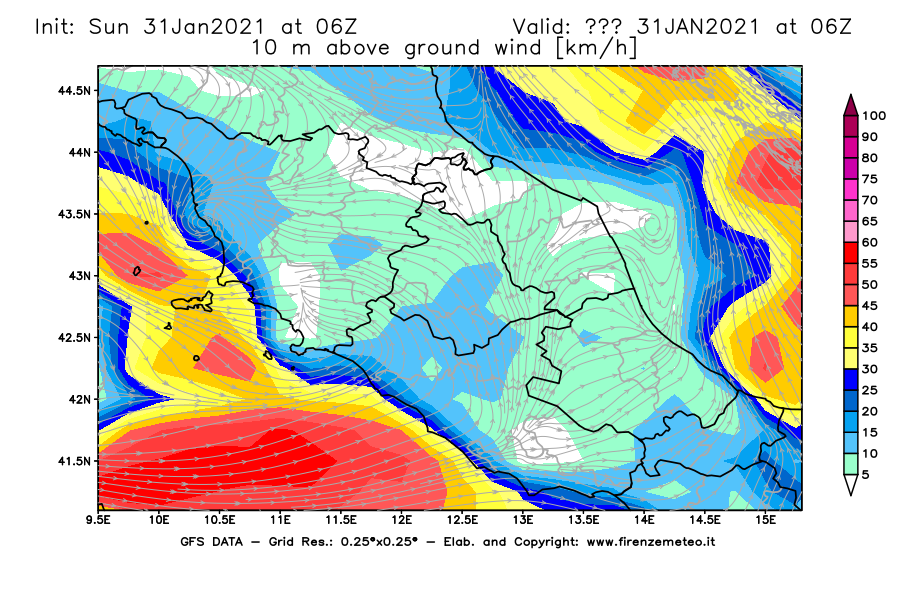 Mappa di analisi GFS - Velocità del vento a 10 metri dal suolo [km/h] in Centro-Italia
							del 31/01/2021 06 <!--googleoff: index-->UTC<!--googleon: index-->