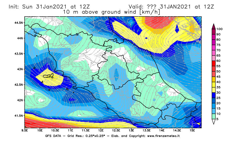 Mappa di analisi GFS - Velocità del vento a 10 metri dal suolo [km/h] in Centro-Italia
									del 31/01/2021 12 <!--googleoff: index-->UTC<!--googleon: index-->