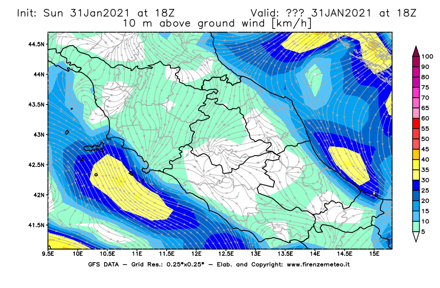Mappa di analisi GFS - Velocità del vento a 10 metri dal suolo [km/h] in Centro-Italia
									del 31/01/2021 18 <!--googleoff: index-->UTC<!--googleon: index-->