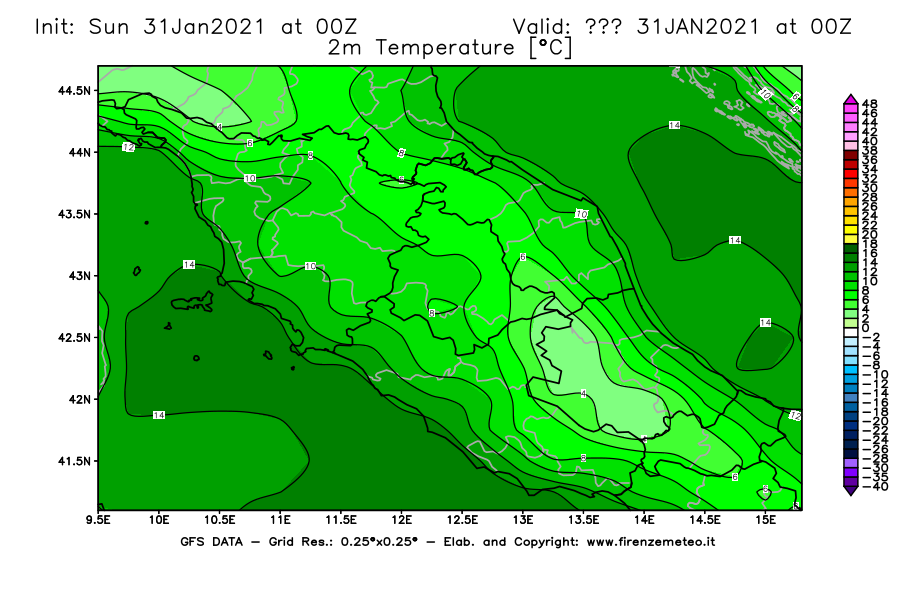 Mappa di analisi GFS - Temperatura a 2 metri dal suolo [°C] in Centro-Italia
							del 31/01/2021 00 <!--googleoff: index-->UTC<!--googleon: index-->