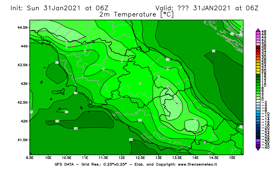 Mappa di analisi GFS - Temperatura a 2 metri dal suolo [°C] in Centro-Italia
							del 31/01/2021 06 <!--googleoff: index-->UTC<!--googleon: index-->