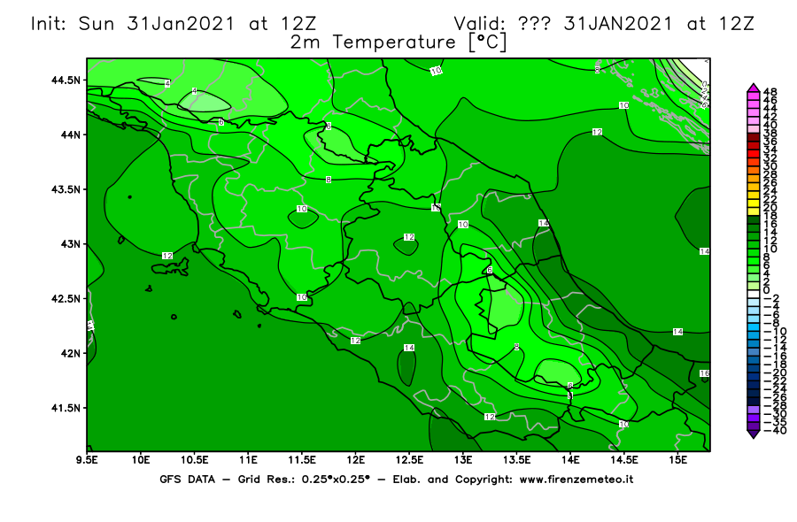 Mappa di analisi GFS - Temperatura a 2 metri dal suolo [°C] in Centro-Italia
									del 31/01/2021 12 <!--googleoff: index-->UTC<!--googleon: index-->