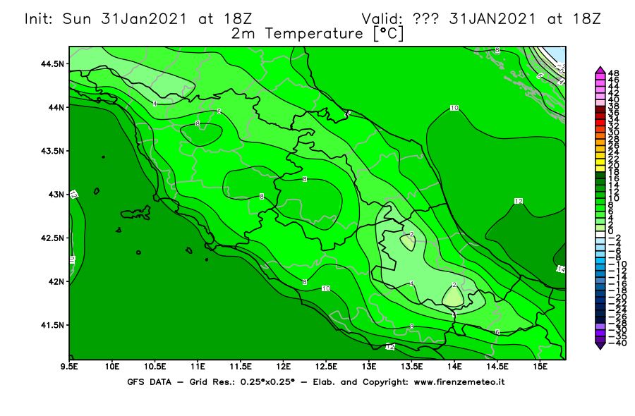 Mappa di analisi GFS - Temperatura a 2 metri dal suolo [°C] in Centro-Italia
									del 31/01/2021 18 <!--googleoff: index-->UTC<!--googleon: index-->