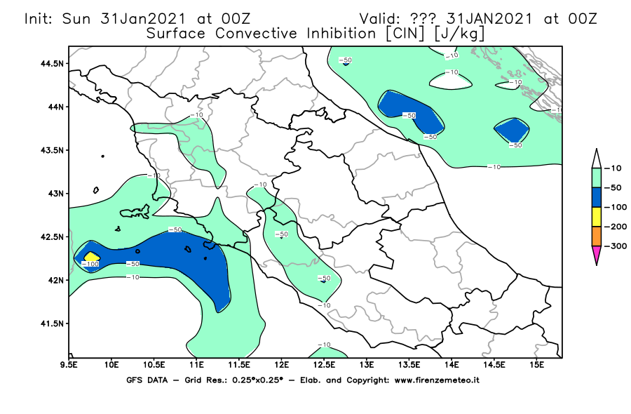 Mappa di analisi GFS - CIN [J/kg] in Centro-Italia
									del 31/01/2021 00 <!--googleoff: index-->UTC<!--googleon: index-->