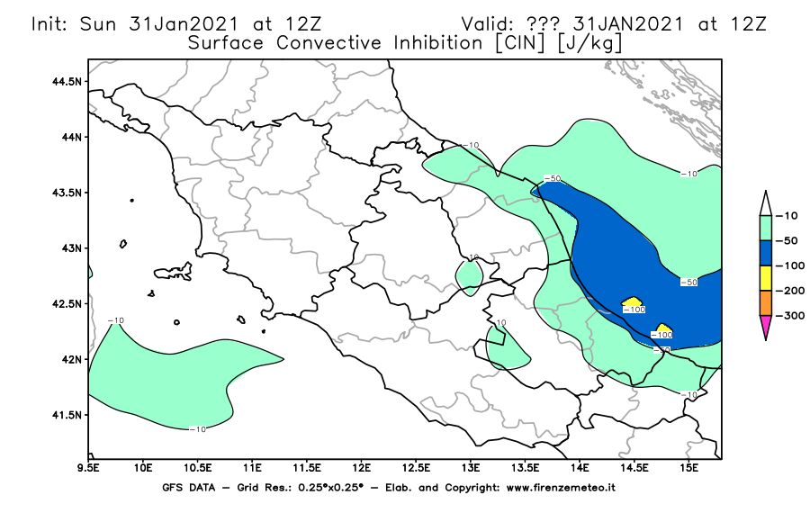Mappa di analisi GFS - CIN [J/kg] in Centro-Italia
									del 31/01/2021 12 <!--googleoff: index-->UTC<!--googleon: index-->