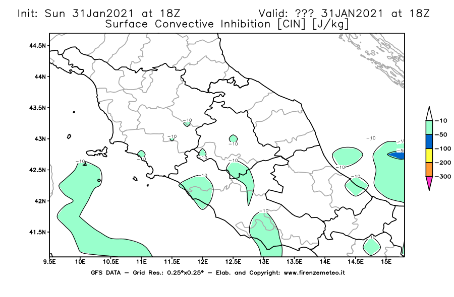 Mappa di analisi GFS - CIN [J/kg] in Centro-Italia
									del 31/01/2021 18 <!--googleoff: index-->UTC<!--googleon: index-->