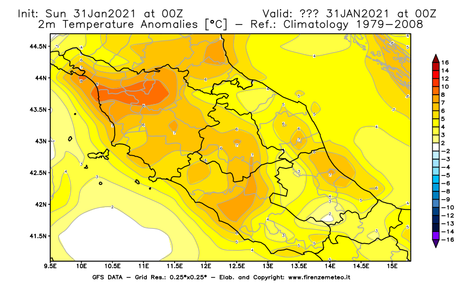 Mappa di analisi GFS - Anomalia Temperatura [°C] a 2 m in Centro-Italia
							del 31/01/2021 00 <!--googleoff: index-->UTC<!--googleon: index-->