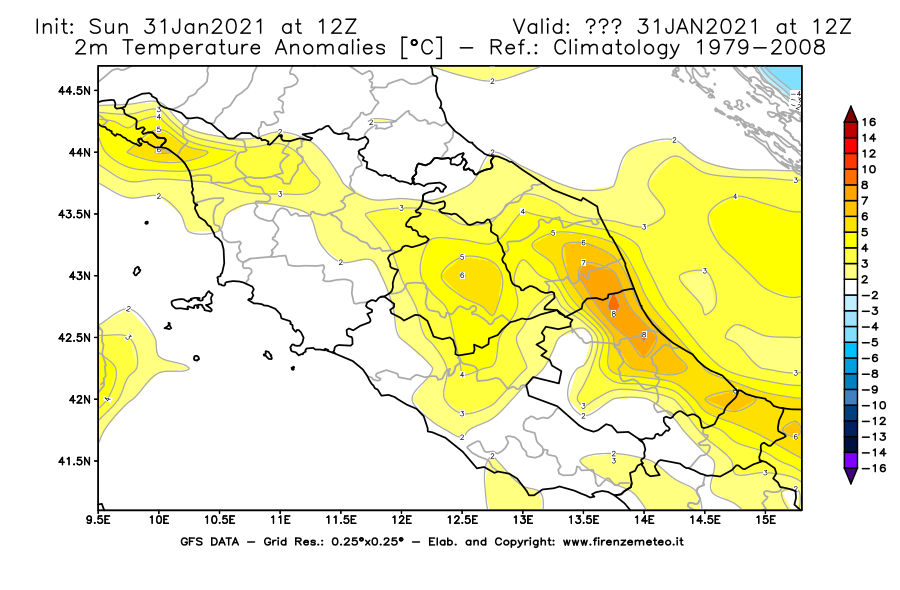 Mappa di analisi GFS - Anomalia Temperatura [°C] a 2 m in Centro-Italia
									del 31/01/2021 12 <!--googleoff: index-->UTC<!--googleon: index-->