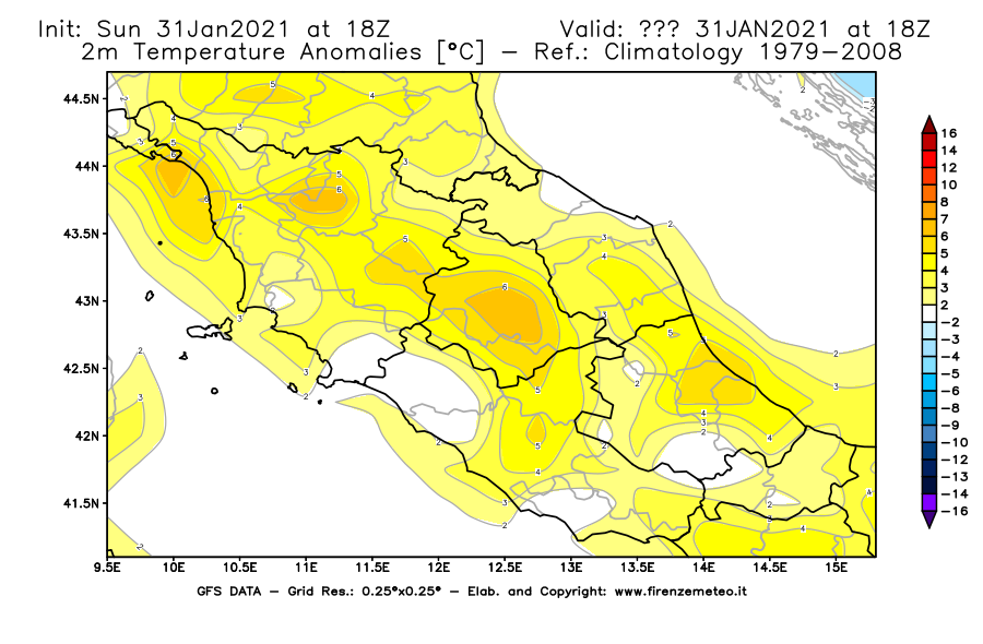 Mappa di analisi GFS - Anomalia Temperatura [°C] a 2 m in Centro-Italia
							del 31/01/2021 18 <!--googleoff: index-->UTC<!--googleon: index-->