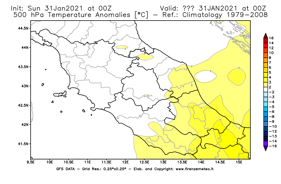 Mappa di analisi GFS - Anomalia Temperatura [°C] a 500 hPa in Centro-Italia
									del 31/01/2021 00 <!--googleoff: index-->UTC<!--googleon: index-->