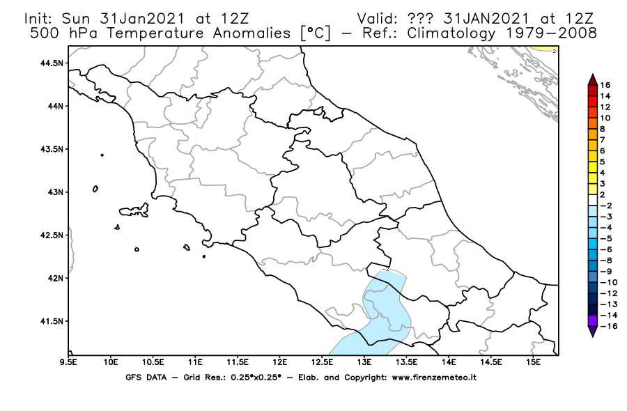 Mappa di analisi GFS - Anomalia Temperatura [°C] a 500 hPa in Centro-Italia
									del 31/01/2021 12 <!--googleoff: index-->UTC<!--googleon: index-->