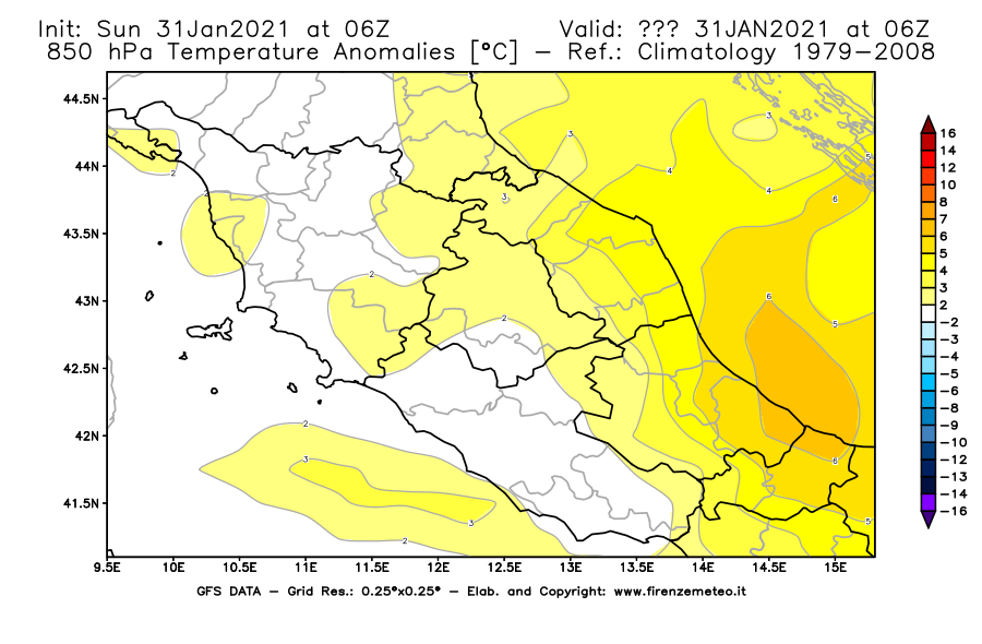 Mappa di analisi GFS - Anomalia Temperatura [°C] a 850 hPa in Centro-Italia
									del 31/01/2021 06 <!--googleoff: index-->UTC<!--googleon: index-->