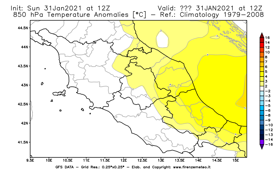 Mappa di analisi GFS - Anomalia Temperatura [°C] a 850 hPa in Centro-Italia
									del 31/01/2021 12 <!--googleoff: index-->UTC<!--googleon: index-->