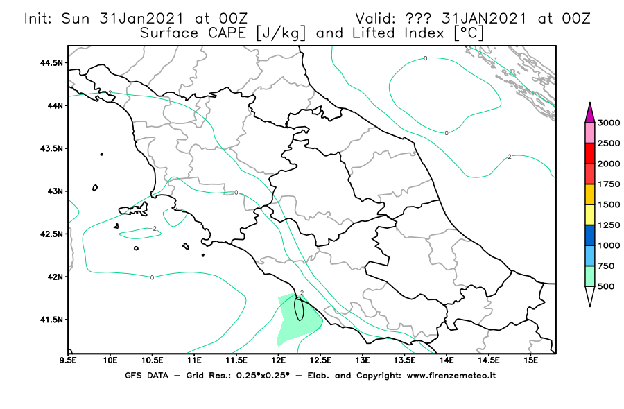Mappa di analisi GFS - CAPE [J/kg] e Lifted Index [°C] in Centro-Italia
							del 31/01/2021 00 <!--googleoff: index-->UTC<!--googleon: index-->