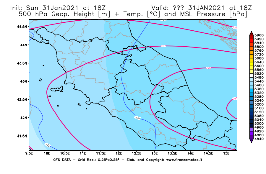 Mappa di analisi GFS - Geopotenziale [m] + Temp. [°C] a 500 hPa + Press. a livello del mare [hPa] in Centro-Italia
							del 31/01/2021 18 <!--googleoff: index-->UTC<!--googleon: index-->