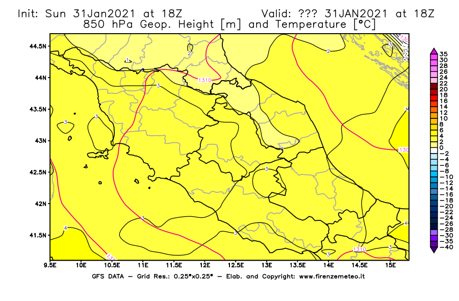 Mappa di analisi GFS - Geopotenziale [m] e Temperatura [°C] a 850 hPa in Centro-Italia
							del 31/01/2021 18 <!--googleoff: index-->UTC<!--googleon: index-->