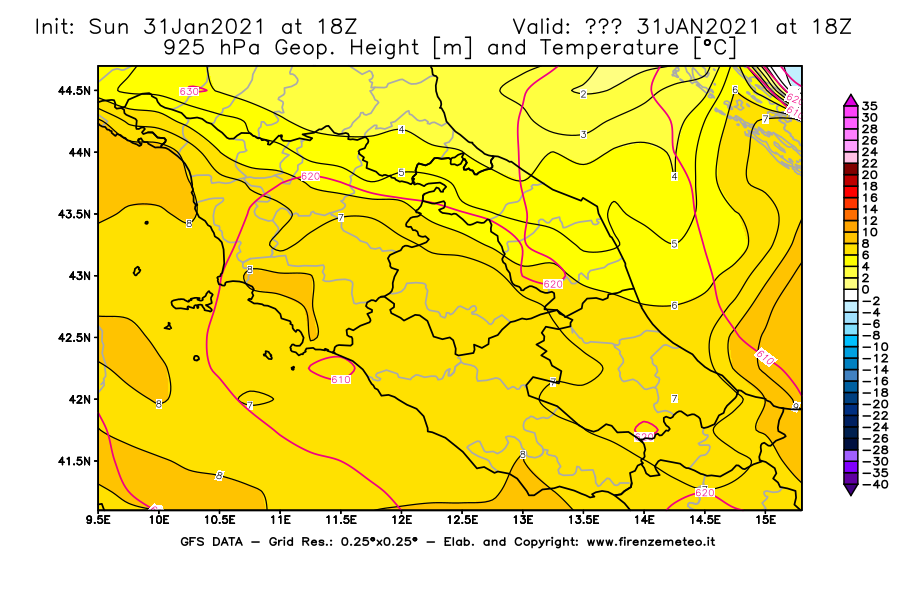 Mappa di analisi GFS - Geopotenziale [m] e Temperatura [°C] a 925 hPa in Centro-Italia
							del 31/01/2021 18 <!--googleoff: index-->UTC<!--googleon: index-->